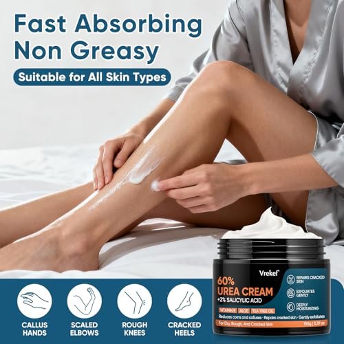 VREKEF Urea Cream 60% Plus Salicylic Acid 2% - Maximum Strength Foot Cream for Dry Heels and Cracked Skin, 5.29 oz Avelisse