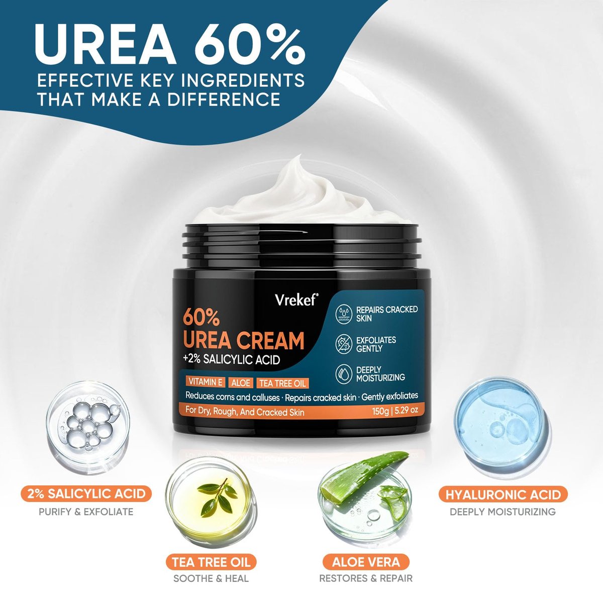VREKEF Urea Cream 60% Plus Salicylic Acid 2% - Maximum Strength Foot Cream for Dry Heels and Cracked Skin, 5.29 oz Avelisse