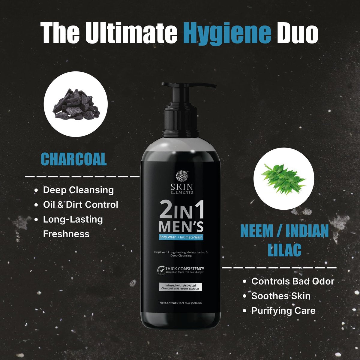 Skin Elements 2-in-1 Body Wash & Intimate Wash for Men - Deep Cleansing Shower Gel with Activated Charcoal & Neem Extracts, Controls Odor, All Skin Types, 16.9 fl oz Avelisse
