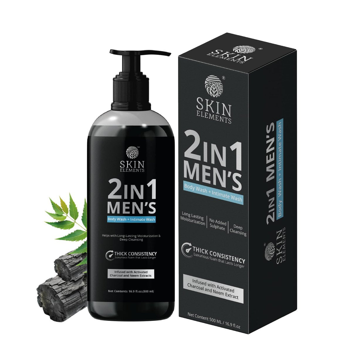 Skin Elements 2-in-1 Body Wash & Intimate Wash for Men - Deep Cleansing Shower Gel with Activated Charcoal & Neem Extracts, Controls Odor, All Skin Types, 16.9 fl oz Avelisse