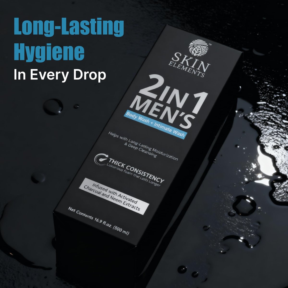 Skin Elements 2-in-1 Body Wash & Intimate Wash for Men - Deep Cleansing Shower Gel with Activated Charcoal & Neem Extracts, Controls Odor, All Skin Types, 16.9 fl oz Avelisse