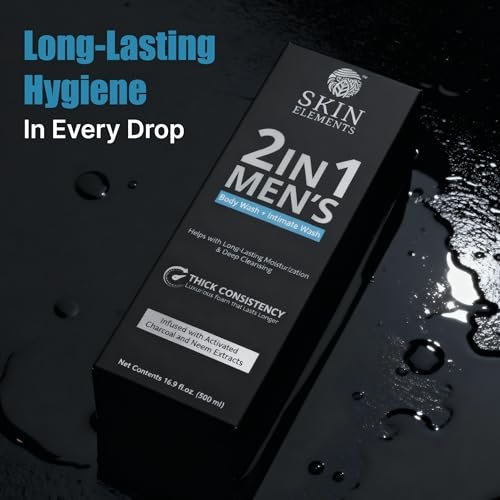 Skin Elements 2-in-1 Body Wash & Intimate Wash for Men - Deep Cleansing Shower Gel with Activated Charcoal & Neem Extracts, Controls Odor, All Skin Types, 16.9 fl oz Avelisse