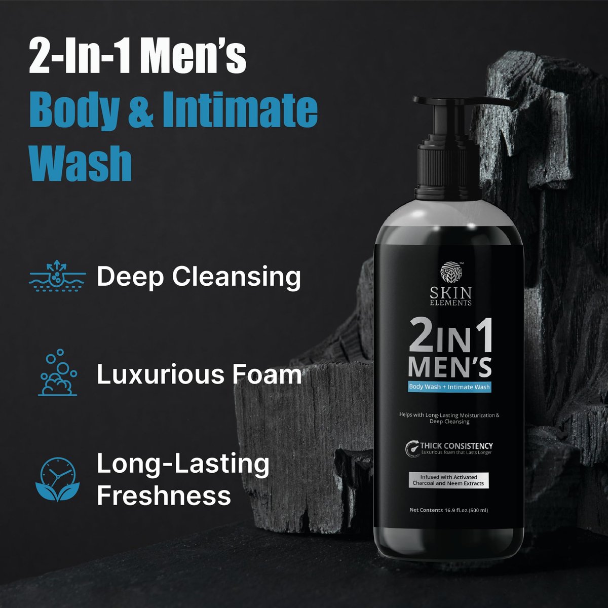 Skin Elements 2-in-1 Body Wash & Intimate Wash for Men - Deep Cleansing Shower Gel with Activated Charcoal & Neem Extracts, Controls Odor, All Skin Types, 16.9 fl oz Avelisse