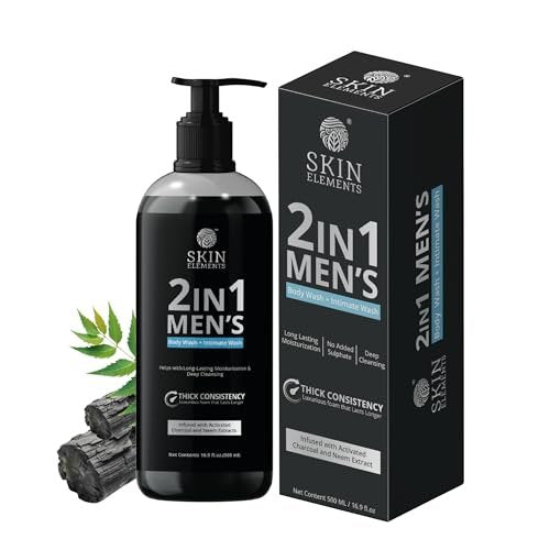 Skin Elements 2-in-1 Body Wash & Intimate Wash for Men - Deep Cleansing Shower Gel with Activated Charcoal & Neem Extracts, Controls Odor, All Skin Types, 16.9 fl oz Avelisse