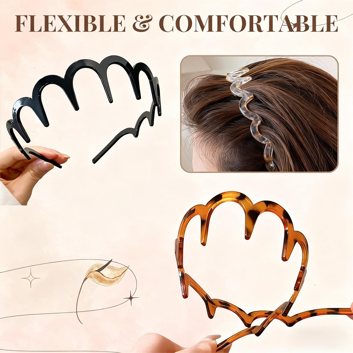 BQMSVE 3-Pack U-Shape Fashion Tooth Hair Comb Headband for Women - High Cranium Design (Amber, Black, Grey) - görsel 7