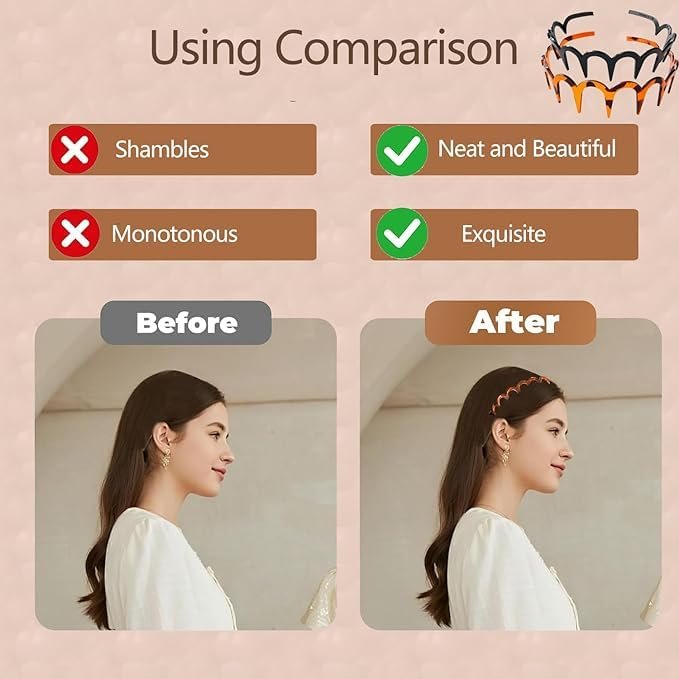 BQMSVE 3-Pack U-Shape Fashion Tooth Hair Comb Headband for Women - High Cranium Design (Amber, Black, Grey) - görsel 14