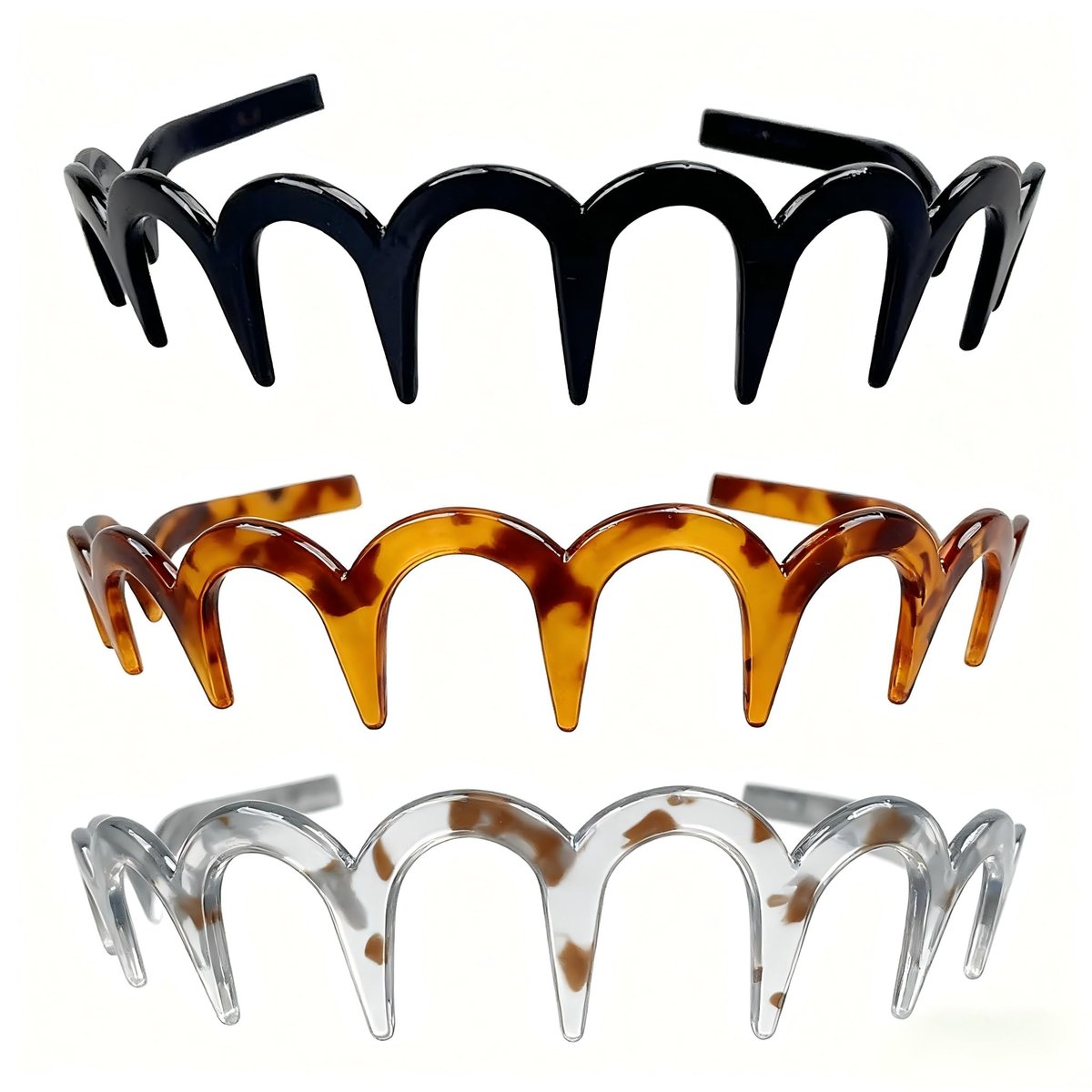 BQMSVE 3-Pack U-Shape Fashion Tooth Hair Comb Headband for Women - High Cranium Design (Amber, Black, Grey) - görsel 1