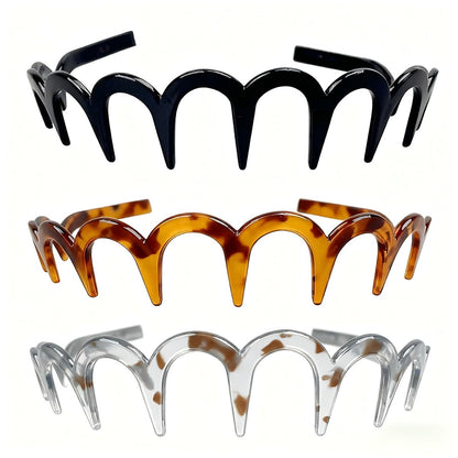 BQMSVE 3-Pack U-Shape Fashion Tooth Hair Comb Headband for Women - High Cranium Design (Amber, Black, Grey)