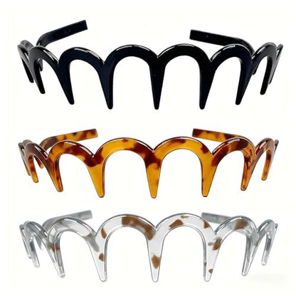BQMSVE 3-Pack U-Shape Fashion Tooth Hair Comb Headband for Women - High Cranium Design (Amber, Black, Grey)