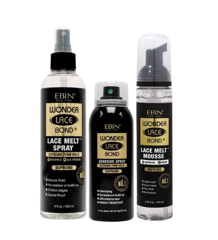 EBIN NEW YORK Wonder Lace Bond LaceMelt Mini Supreme 8oz + Wig Adhesive Spray Supreme 2.7oz + Lace Melt Mousse 3.38oz Wig Styling and Blending Gift Set (3 Items) Avelisse