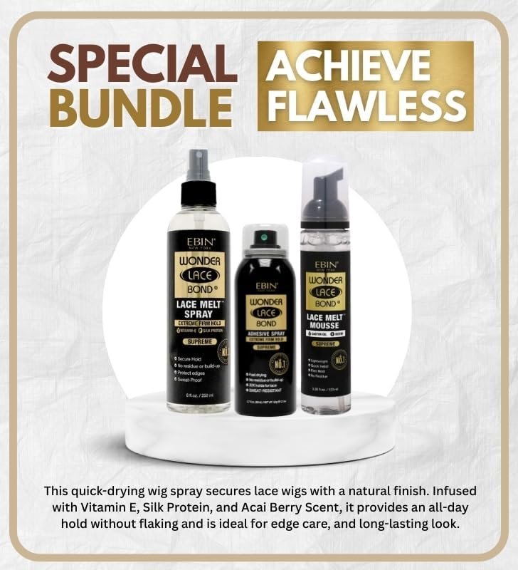 EBIN NEW YORK Wonder Lace Bond LaceMelt Mini Supreme 8oz + Wig Adhesive Spray Supreme 2.7oz + Lace Melt Mousse 3.38oz Wig Styling and Blending Gift Set (3 Items) Avelisse
