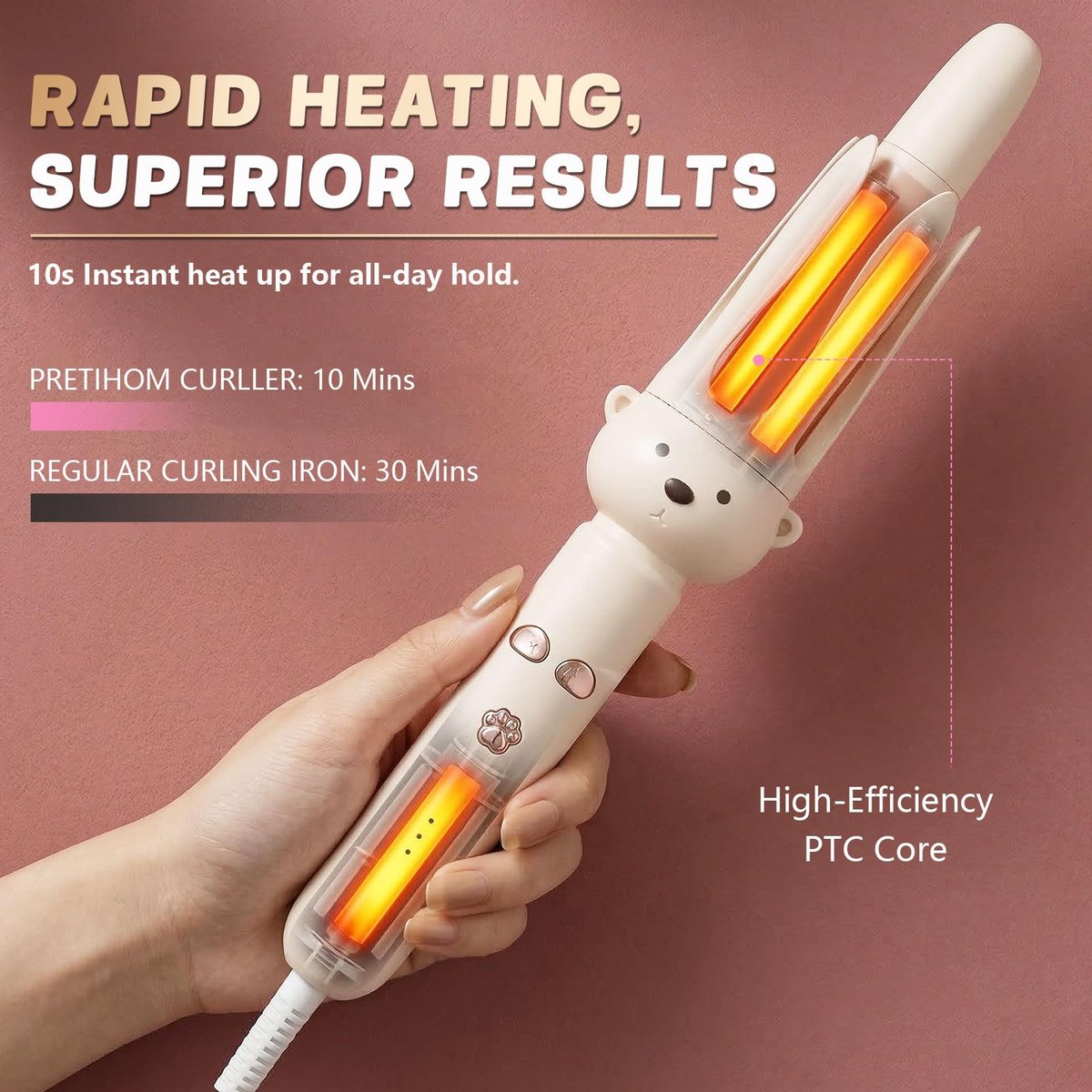 PretiHom Automatic Rotating Curling Iron - 1.1 Inch (28mm) Curling Wand for Beach Waves, Anti-Scald, Anti-Tangle, Ceramic Coating, Dual Voltage, Hair Curler for Women, All Hair Types - görsel 6