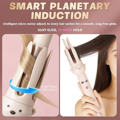 PretiHom Automatic Rotating Curling Iron - 1.1 Inch (28mm) Curling Wand for Beach Waves, Anti-Scald, Anti-Tangle, Ceramic Coating, Dual Voltage, Hair Curler for Women, All Hair Types