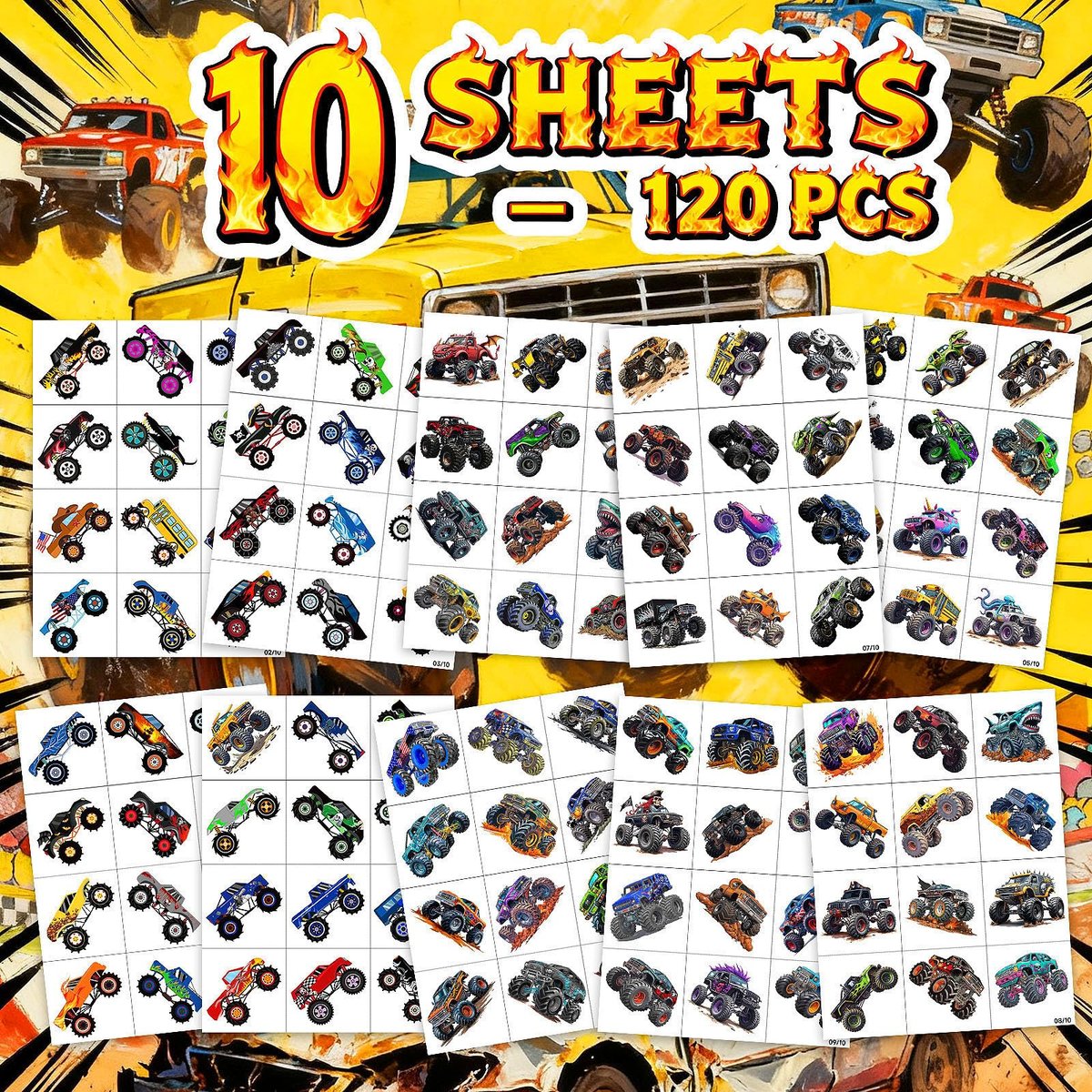 120 PCS Monster Truck Pre-Cut Temporary Tattoos for Kids | Monster Truck Themed Birthday Party Favors, Decorations, Supplies - görsel 5