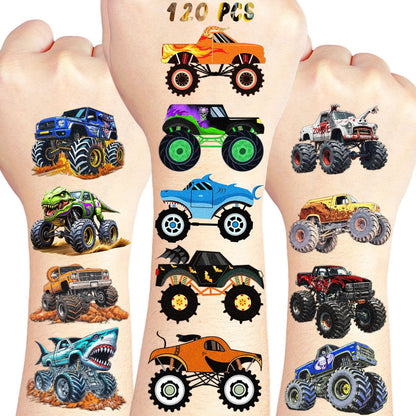 120 PCS Monster Truck Pre-Cut Temporary Tattoos for Kids | Monster Truck Themed Birthday Party Favors, Decorations, Supplies