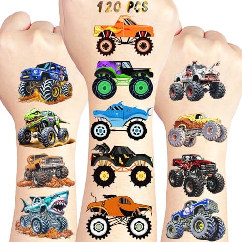 120 PCS Monster Truck Pre-Cut Temporary Tattoos for Kids | Monster Truck Themed Birthday Party Favors, Decorations, Supplies - görsel 2