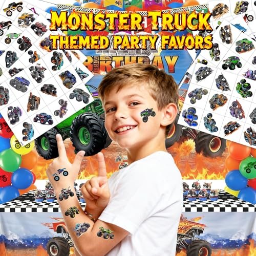 120 PCS Monster Truck Pre-Cut Temporary Tattoos for Kids | Monster Truck Themed Birthday Party Favors, Decorations, Supplies - görsel 4