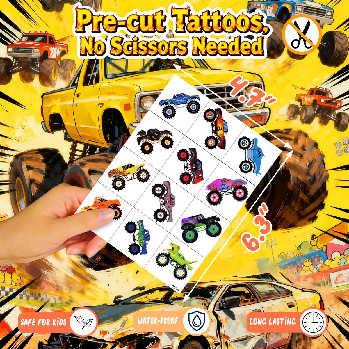 120 PCS Monster Truck Pre-Cut Temporary Tattoos for Kids | Monster Truck Themed Birthday Party Favors, Decorations, Supplies - görsel 7