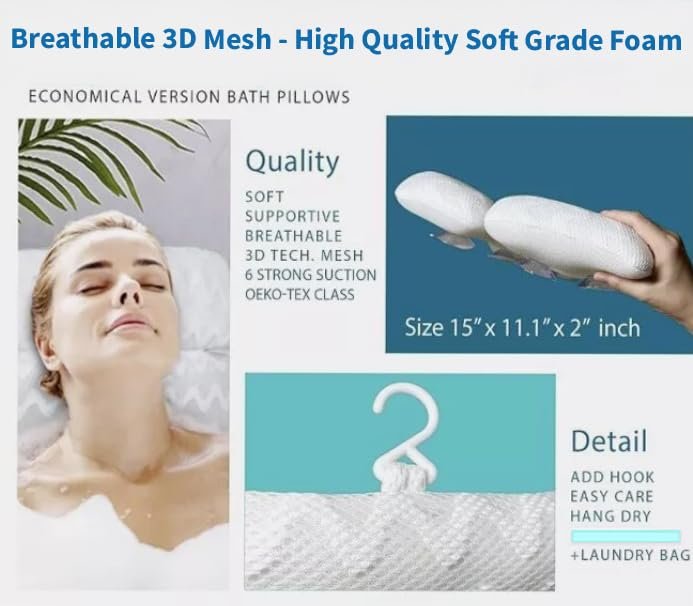 Luxury Bath Pillow for Tub – Non-Slip, Thick Support for Head, Neck, Shoulders & Back – Soft, Large, Comfortable Bathtub Cushion Headrest – Fits Any Tub – Made of 3D Mesh Polyester Avelisse