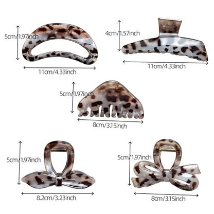 KANXINR 5Pcs Large Hair Claw Clips - Leopard Print & Transparent Non-Slip Jaw Clips for Women, Plastic Resin Strong Grip Hair Accessories for Medium Thick Long Hair Daily Party Use