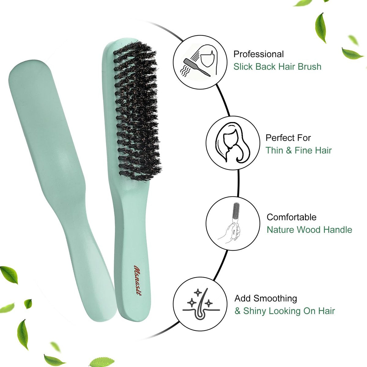Slick Back Hair Brush – Professional Edge Control Brush with Soft Boar Bristles & Wooden Handle for Thin and Fine Hair (Green) Avelisse