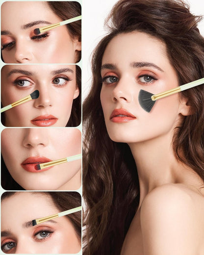 8-Piece Eye Makeup Brush Set with Synthetic Fibers, Angled Eyebrow Brush, Lip Brush, 3 Powder Puffs & Green Case