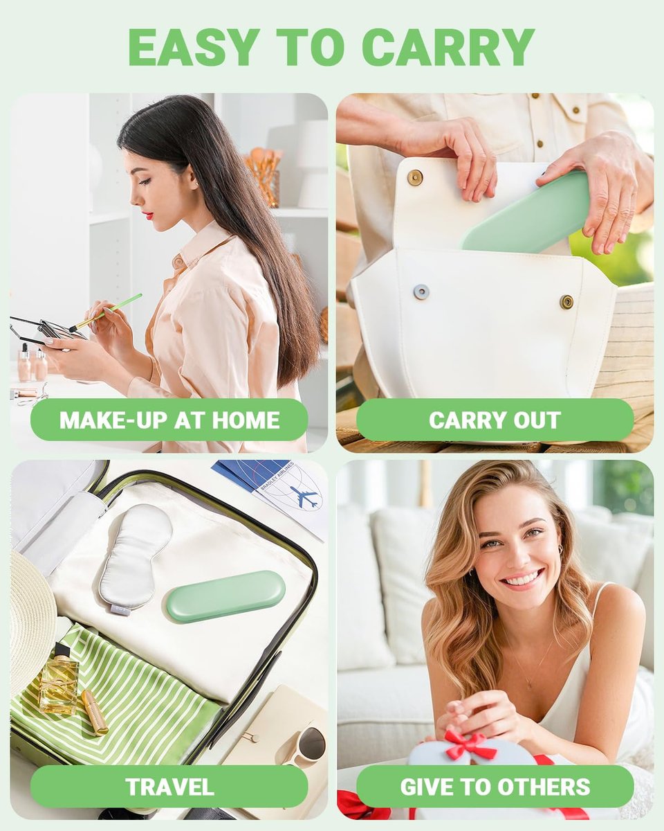 8-Piece Eye Makeup Brush Set with Synthetic Fibers, Angled Eyebrow Brush, Lip Brush, 3 Powder Puffs & Green Case - görsel 13