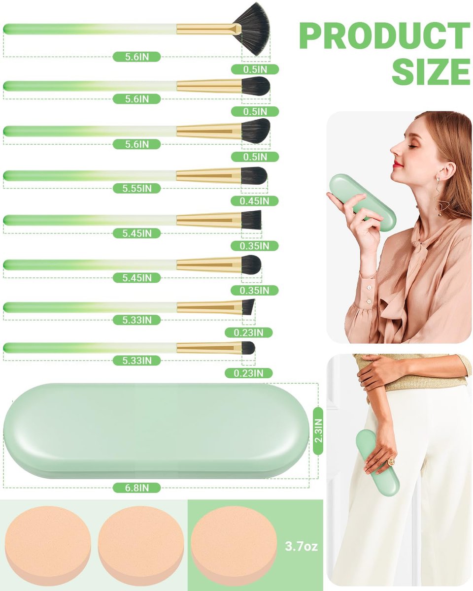 8-Piece Eye Makeup Brush Set with Synthetic Fibers, Angled Eyebrow Brush, Lip Brush, 3 Powder Puffs & Green Case - görsel 7