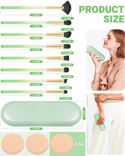 8-Piece Eye Makeup Brush Set with Synthetic Fibers, Angled Eyebrow Brush, Lip Brush, 3 Powder Puffs & Green Case