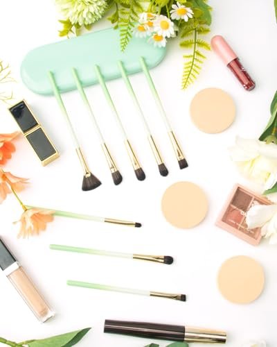 8-Piece Eye Makeup Brush Set with Synthetic Fibers, Angled Eyebrow Brush, Lip Brush, 3 Powder Puffs & Green Case