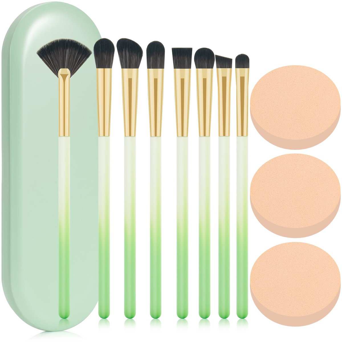 8-Piece Eye Makeup Brush Set with Synthetic Fibers, Angled Eyebrow Brush, Lip Brush, 3 Powder Puffs & Green Case - görsel 1