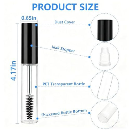 AskBed 4 Pack of 0.34 Oz (10ml) Empty Mascara Tubes - Refillable, Leak-proof Plastic Mascara Bottles with Eyelash Wand and Labels Included