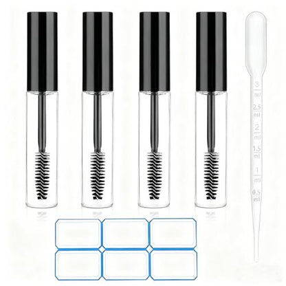 AskBed 4 Pack of 0.34 Oz (10ml) Empty Mascara Tubes - Refillable, Leak-proof Plastic Mascara Bottles with Eyelash Wand and Labels Included