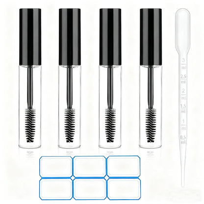 AskBed 4 Pack of 0.34 Oz (10ml) Empty Mascara Tubes - Refillable, Leak-proof Plastic Mascara Bottles with Eyelash Wand and Labels Included