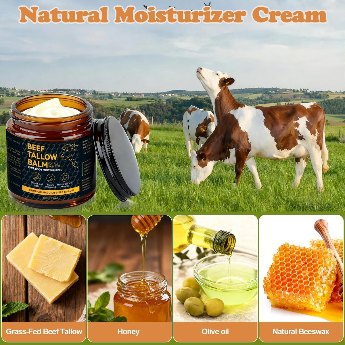 Beef Tallow for Skin – Natural Tallow Balm with Raw Honey and Beeswax, Deep Nourishing Face Moisturizer, Grass-Fed Beef Tallow Cream for All Skin Types - görsel 4