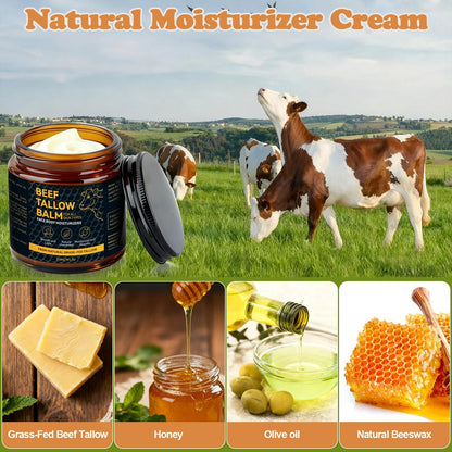 Beef Tallow for Skin – Natural Tallow Balm with Raw Honey and Beeswax, Deep Nourishing Face Moisturizer, Grass-Fed Beef Tallow Cream for All Skin Types