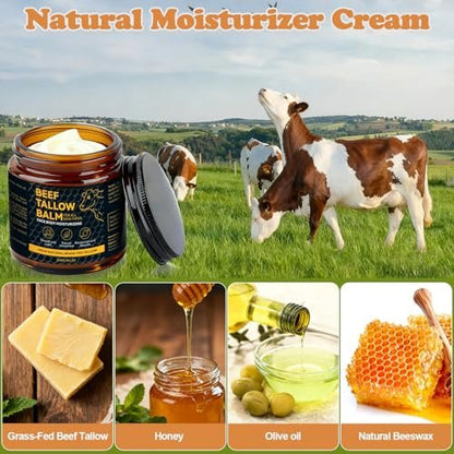 Beef Tallow for Skin – Natural Tallow Balm with Raw Honey and Beeswax, Deep Nourishing Face Moisturizer, Grass-Fed Beef Tallow Cream for All Skin Types