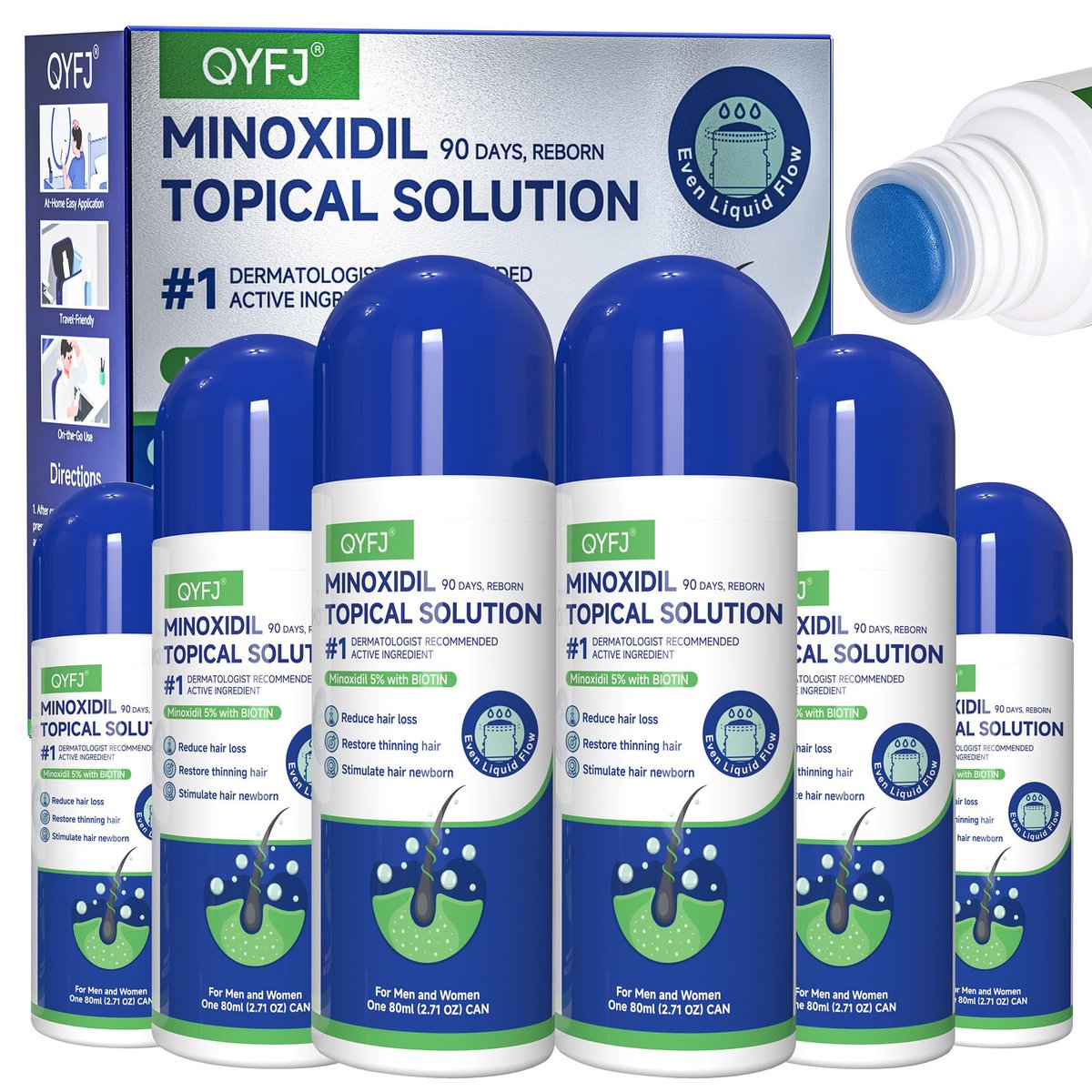 6 Pack 5% Minoxidil for Men and Women – Biotin-Infused Hair & Beard Growth Serum with Sponge Applicator, 8-Month Supply (6 x 2.7 FL OZ) Avelisse