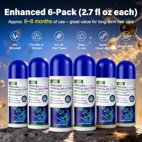 6 Pack 5% Minoxidil for Men and Women – Biotin-Infused Hair & Beard Growth Serum with Sponge Applicator, 8-Month Supply (6 x 2.7 FL OZ) Avelisse