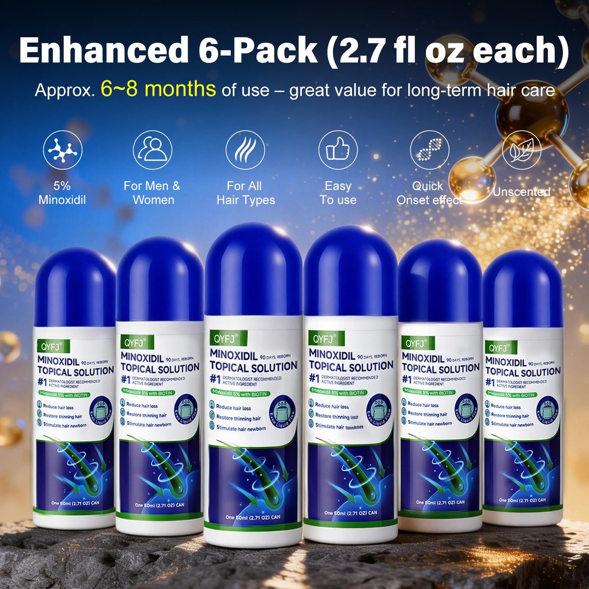 6 Pack 5% Minoxidil for Men and Women – Biotin-Infused Hair & Beard Growth Serum with Sponge Applicator, 8-Month Supply (6 x 2.7 FL OZ) Avelisse