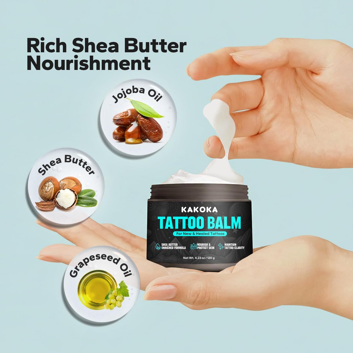 Kakoka Tattoo Aftercare Balm (4.23 oz) - Natural Shea Butter Tattoo Lotion for New and Existing Tattoos, Nourishing Color Support, Daily Tattoo Care Cream Avelisse