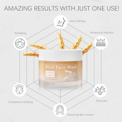 Bmrewax Rice Face Mask - Gentle Exfoliating Wash Off Facial Mask for Dull, Rough Skin, Pore Clearing, Remove Dead Skin Cells for All Skin Types (3.53 Fl Oz)
