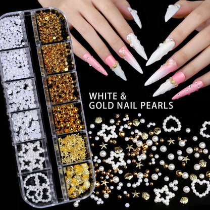 Teenitor 4 Boxes Nail Charms and Gems Set - Complete Nail Rhinestones Kit with Brushes, Stand, Stickers & Gold Pearls for Women Nail Decorations