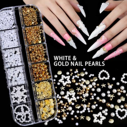 Teenitor 4 Boxes Nail Charms and Gems Set - Complete Nail Rhinestones Kit with Brushes, Stand, Stickers & Gold Pearls for Women Nail Decorations