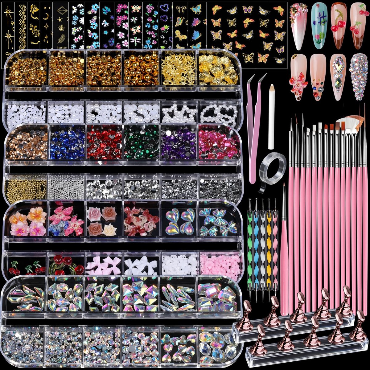 Teenitor 4 Boxes Nail Charms and Gems Set - Complete Nail Rhinestones Kit with Brushes, Stand, Stickers & Gold Pearls for Women Nail Decorations - görsel 1