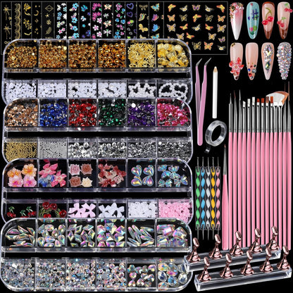 Teenitor 4 Boxes Nail Charms and Gems Set - Complete Nail Rhinestones Kit with Brushes, Stand, Stickers & Gold Pearls for Women Nail Decorations