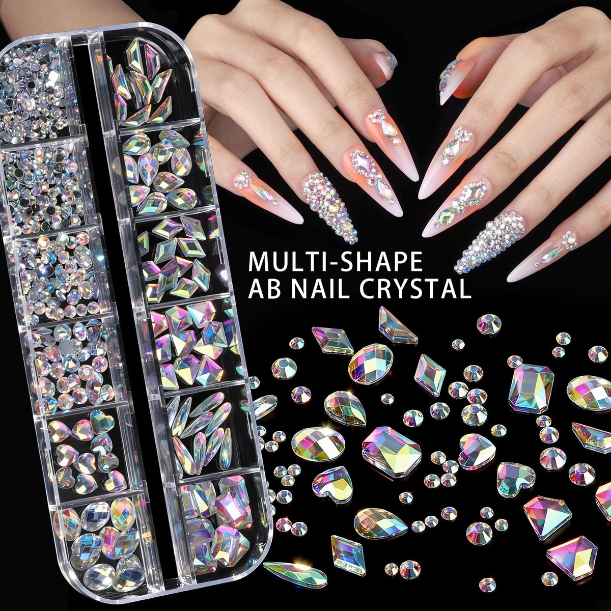 Teenitor 4 Boxes Nail Charms and Gems Set - Complete Nail Rhinestones Kit with Brushes, Stand, Stickers & Gold Pearls for Women Nail Decorations - görsel 7