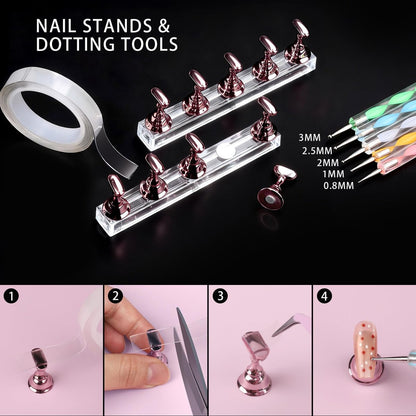 Teenitor 4 Boxes Nail Charms and Gems Set - Complete Nail Rhinestones Kit with Brushes, Stand, Stickers & Gold Pearls for Women Nail Decorations