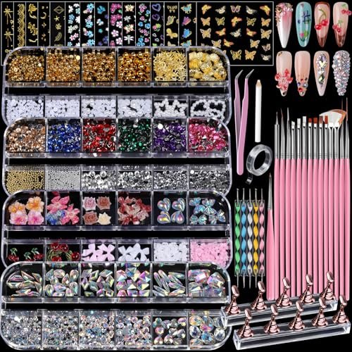 Teenitor 4 Boxes Nail Charms and Gems Set - Complete Nail Rhinestones Kit with Brushes, Stand, Stickers & Gold Pearls for Women Nail Decorations - görsel 2