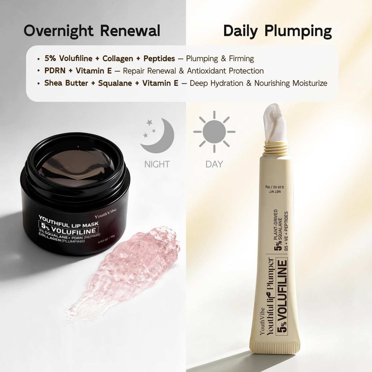 YouthVibe 5% Volufiline Lip Care Set - Nourishing & Hydrating Lip Plumper and Lip Mask with Squalane, Shea Butter, Collagen, Peptide & PDRN for Fuller-Looking Lips - görsel 5